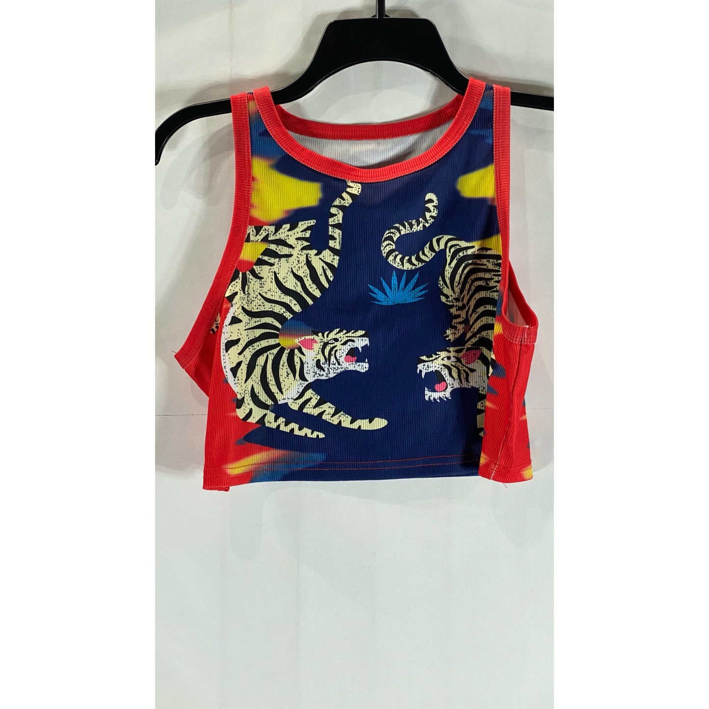 Women's Red/Blue Tiger Ribbed Crewneck Cropped Tank Top SZ L