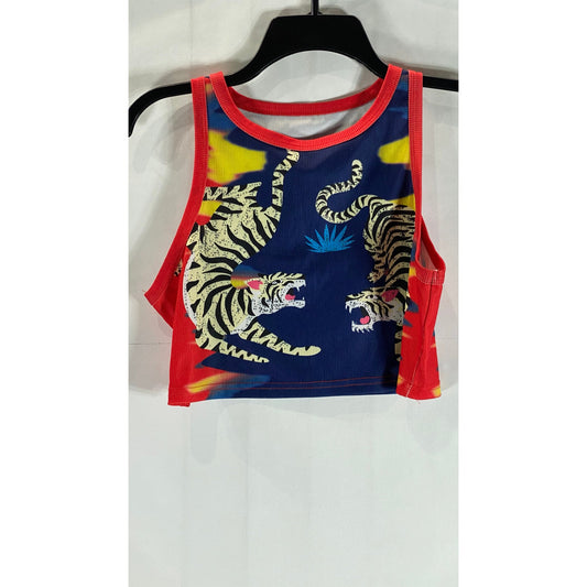 Women's Red/Blue Tiger Ribbed Crewneck Cropped Tank Top SZ L