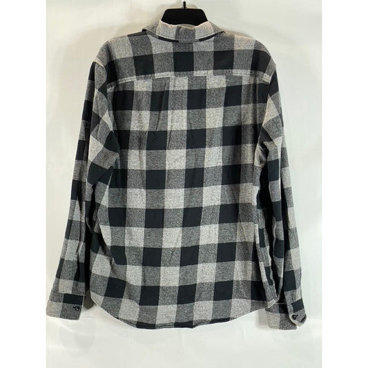 AMERICAN EAGLE OUTFITTERS Men's Grey/Black Plaid Classic-Fit Button-Up Shirt SZL
