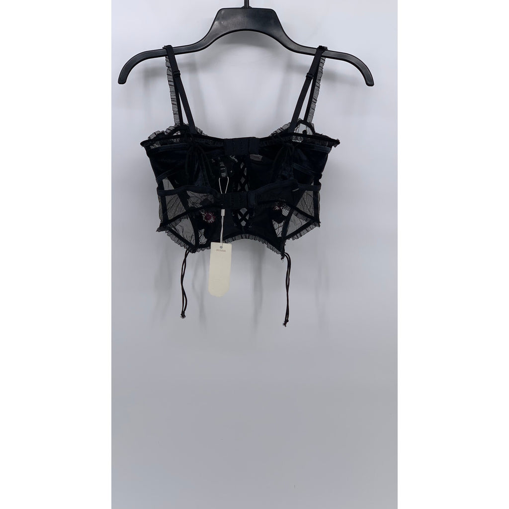 FOR LOVE AND LEMONS Women's Black Mesh-Velour Sweetheart Goth Crop Top SZ M