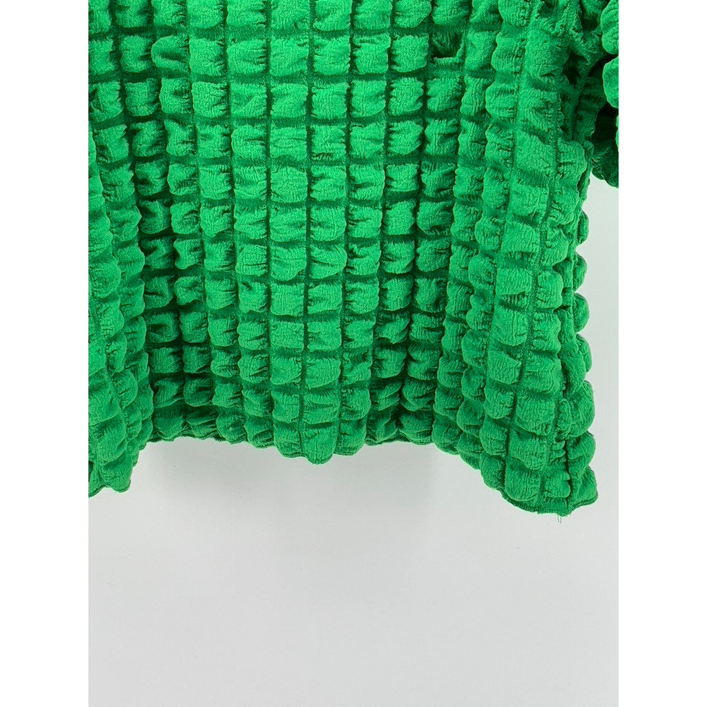 DALIN. Women's Green Textured Puff-Elbow Sleeve Top SZ M