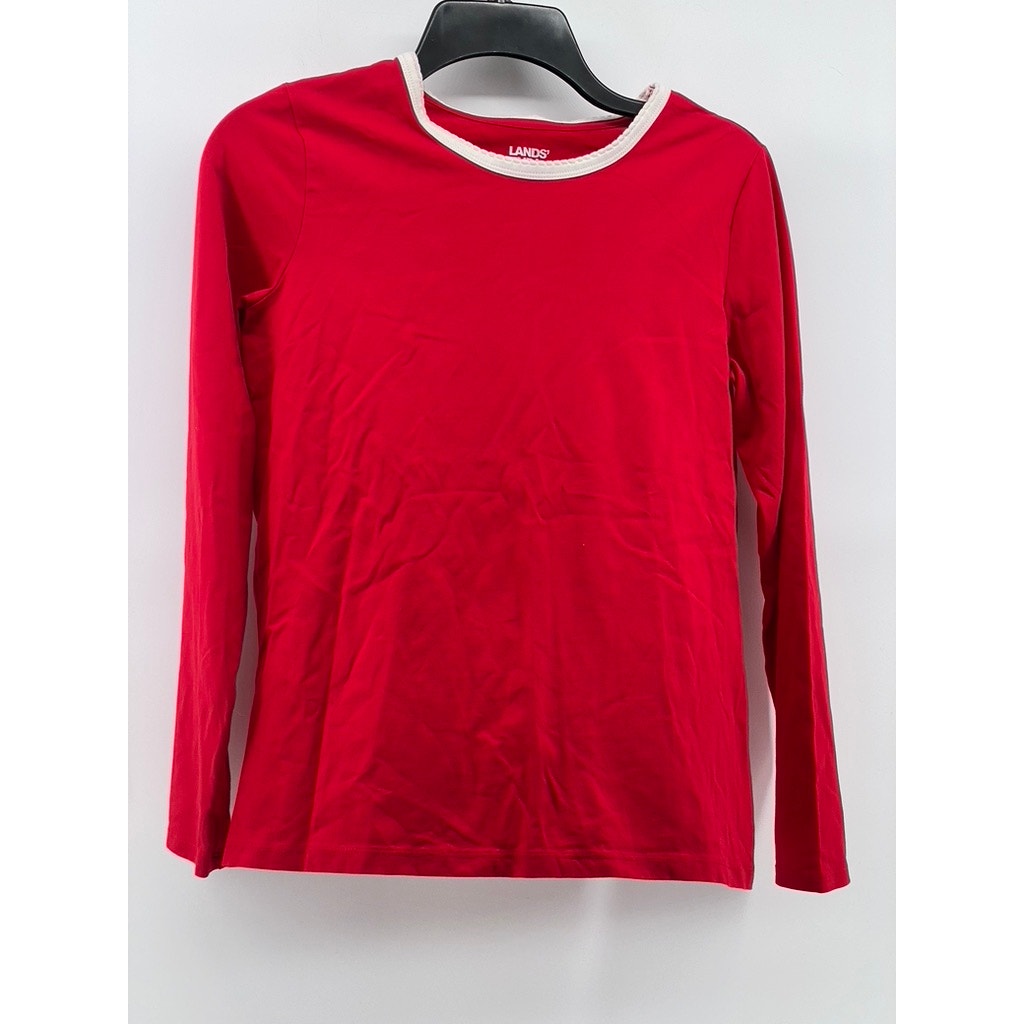 LANDS' END Women's Red-White Trim Crewneck Long Sleeve Pajama Top SZ XS