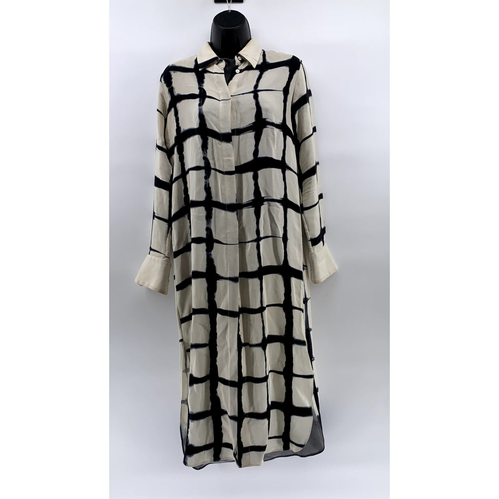 ADAM LIPPIES Women's Beige-Black Silk Printed Button-Up Tunic Top SZ 0