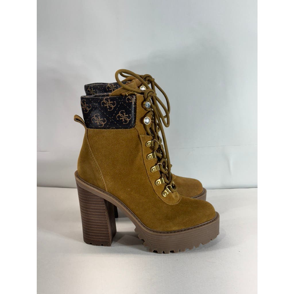 GUESS Women's Medium Brown Kelyna Lace-Up Lug-Sole Platform Booties SZ 7