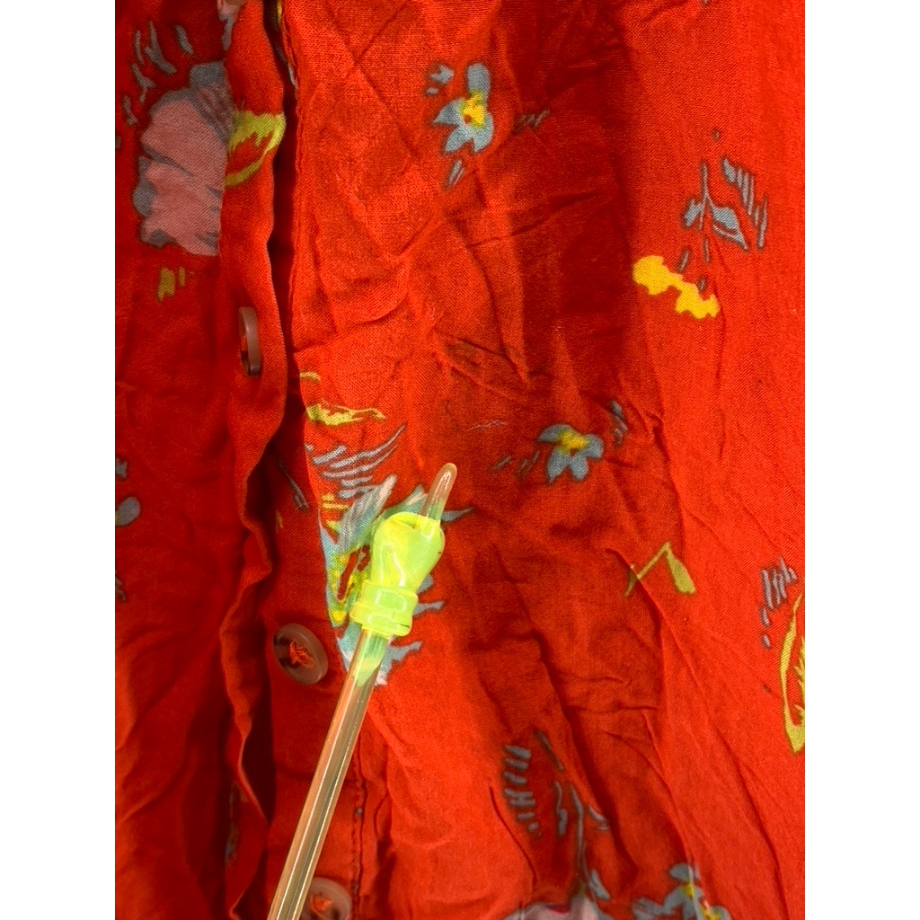 FREE PEOPLE Women's Red Orange Floral V-Neck Short Sleeve Smocked Dress SZ XS
