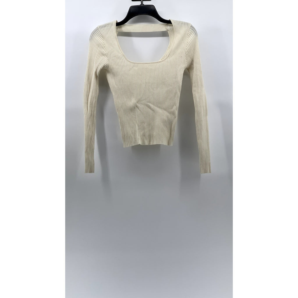 HYFVE Women’s Cream Ribbed Scoopneck Long Sleeve Cutout Top SZ S