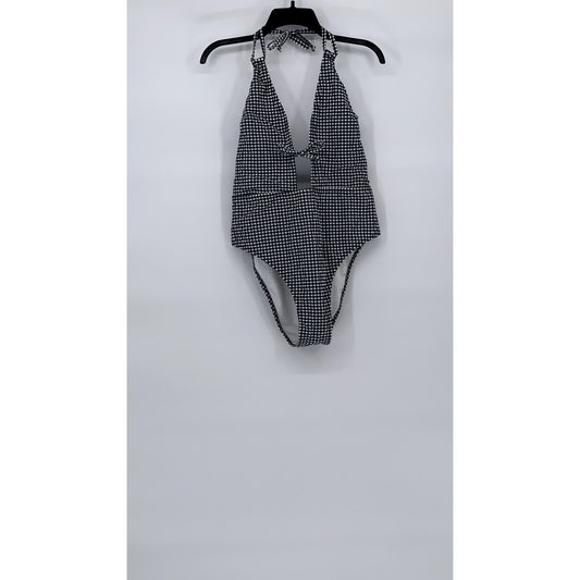 VICTORIA SECRET Women's Blue-White Gingham Cutout V-Neck Tie Neck Swimsuit SZ XL