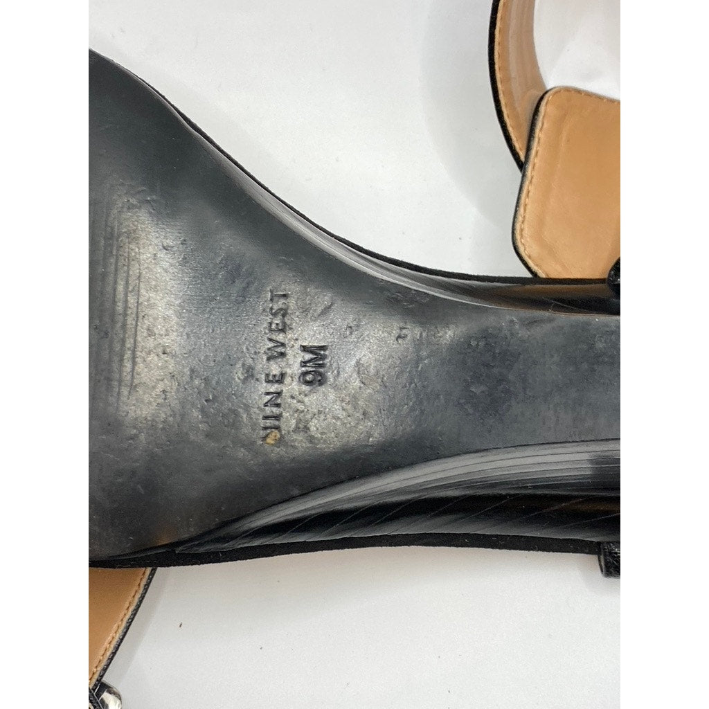 NINE WEST Women's Black Pepperman Round-Toe Ankle-Strap Wedge Sandals SZ 9