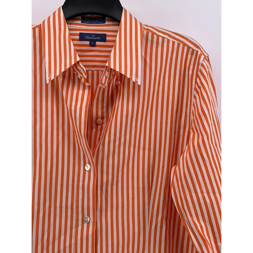 FACONNABLE Women's Orange-White Striped Button-Up Long Sleeve Top SZ XL
