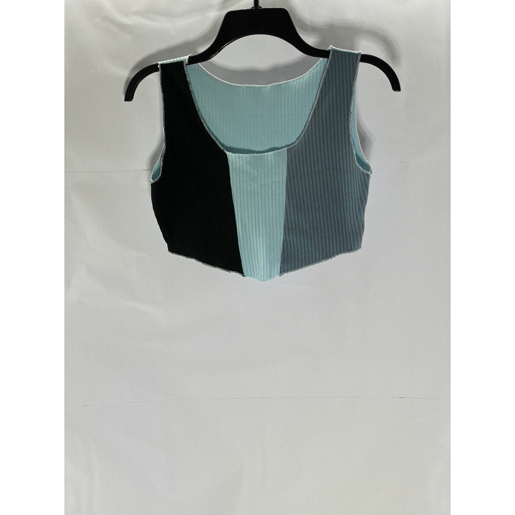 UNBRANDED Women's Blue-Black Colorblock Ribbed Scoop-Neck Crop Tank Top SZ S
