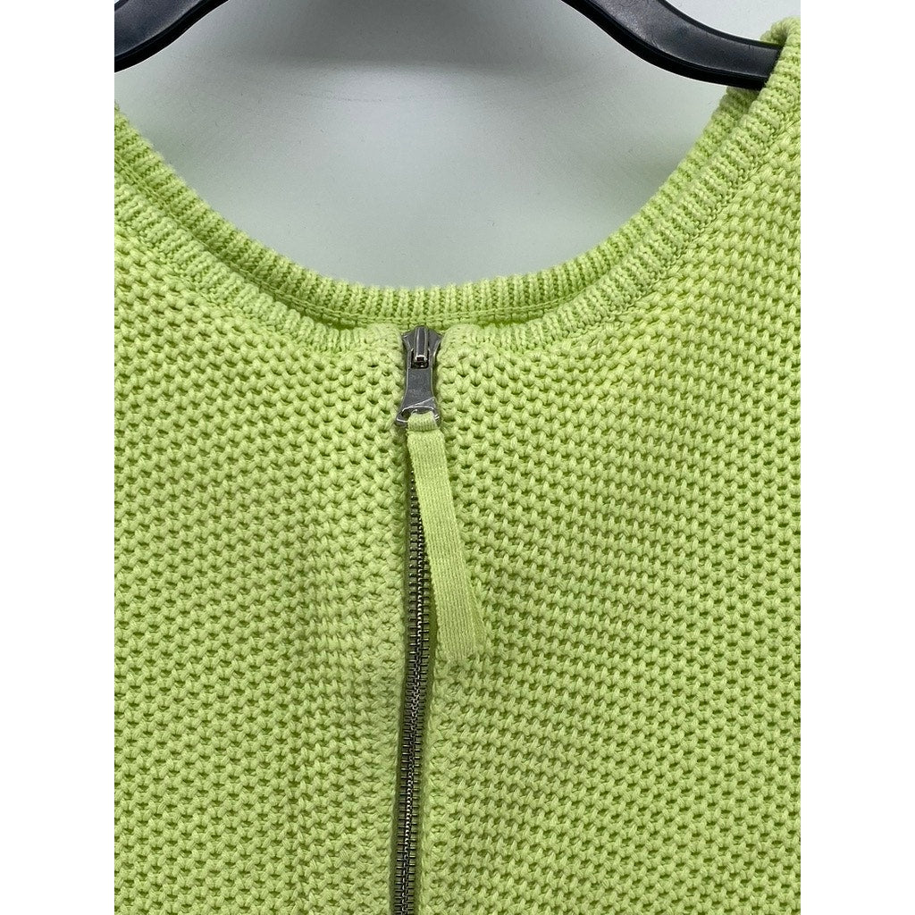 PER SE Women's Lime Green Knit Crewneck Zip-Up Long Sleeve Sweater SZ S