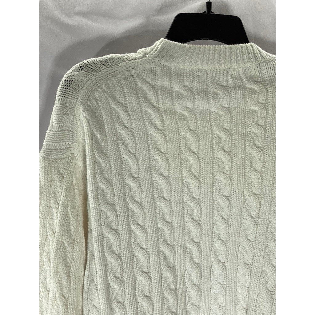 J.CREW Women's White Cable-Knit Crewneck Long Sleeve Cropped Sweater SZ M