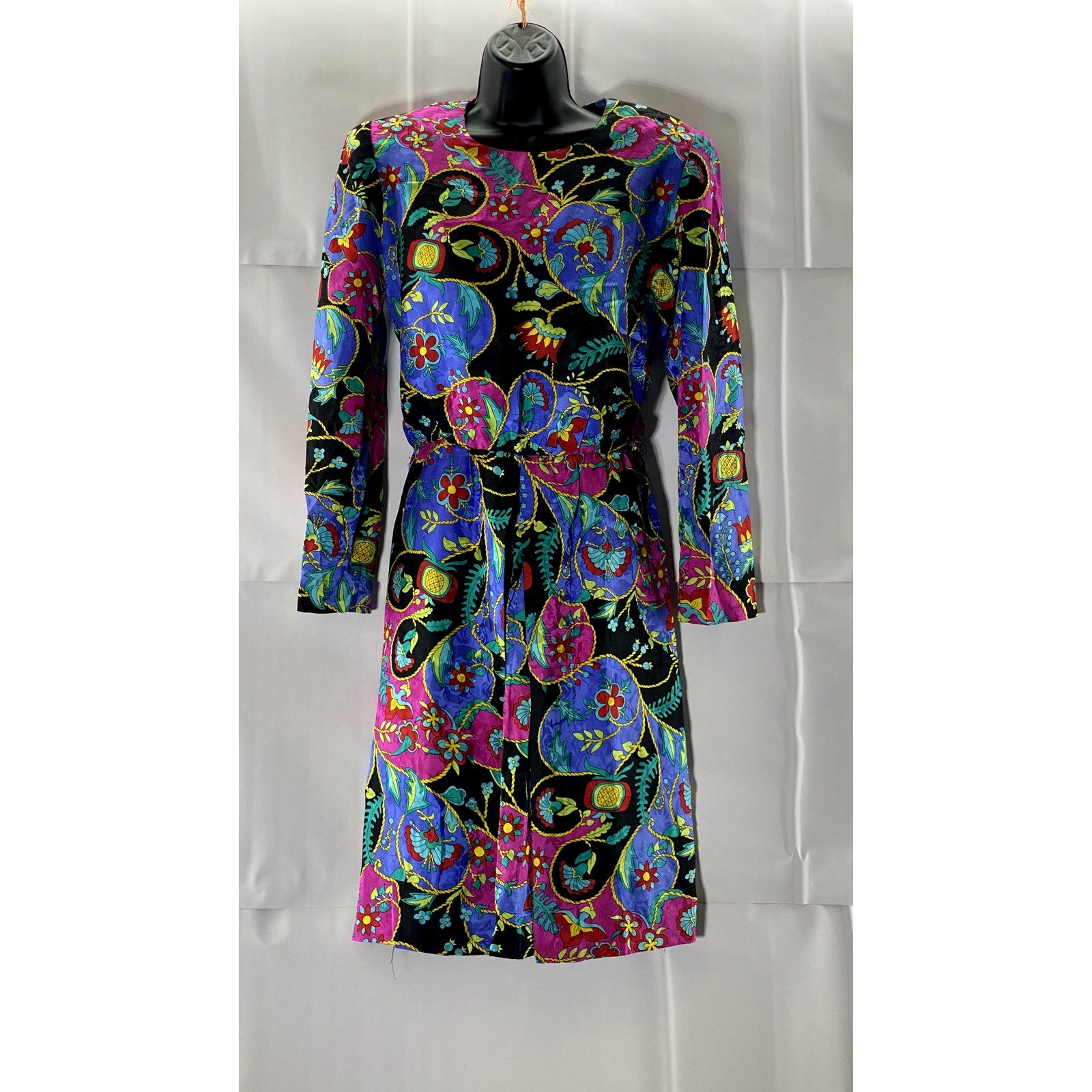 DAVID WARREN Multicolor Printed Crewneck Long-Sleeve Vintage 80's Dress SZ 12