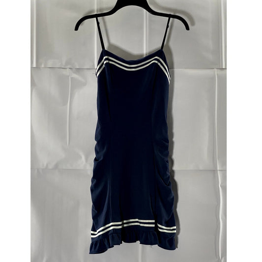 UNBRANDED Women's Navy/White Striped Ribbed Ruffle-Hem Ruched Mini Dress SZ 1