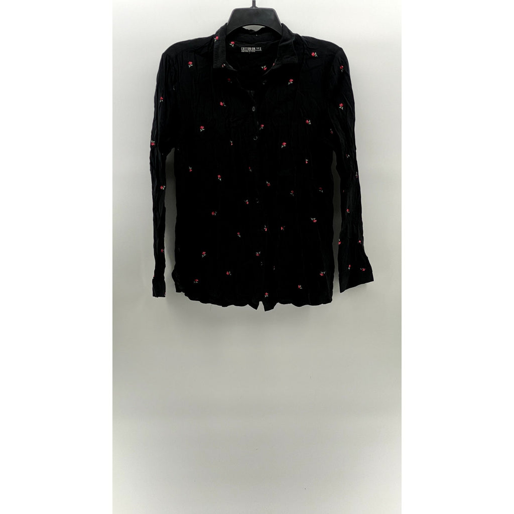 COTTON:ON Black Women's Mini Rose Print Button-Up Long Sleeve Top SZ S