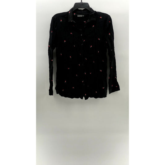 COTTON:ON Black Women's Mini Rose Print Button-Up Long Sleeve Top SZ S