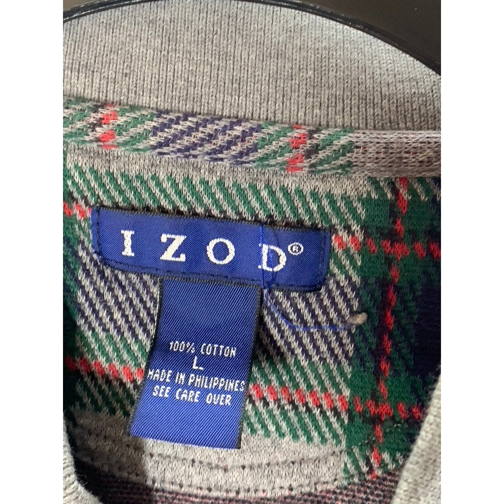 IZOD Men's Gray Check Regular-Fit Cotton Casual Long Sleeve Polo Shirt SZ L