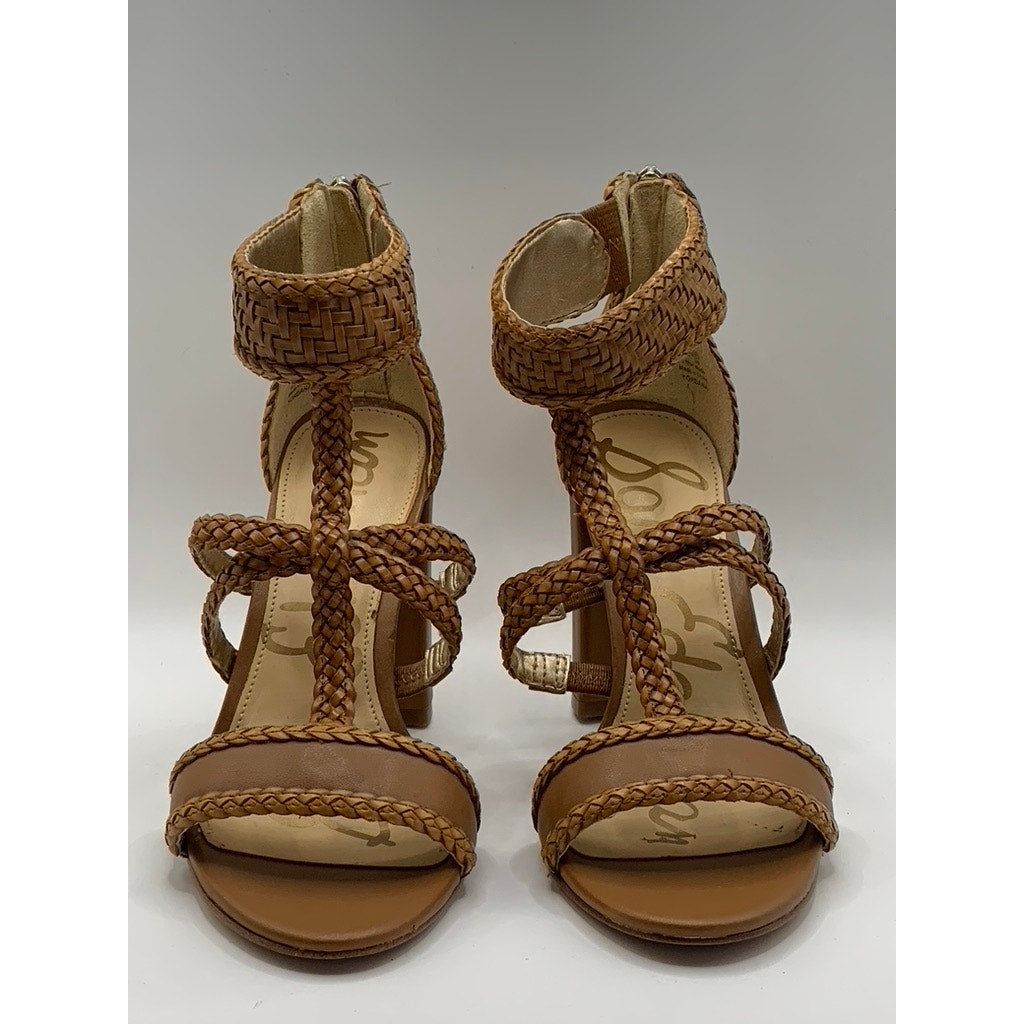 SAM EDELMAN Women's Brown Leather Yordana Woven T-Strap Heeled Sandals SZ 5