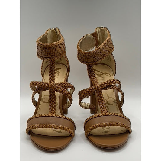 SAM EDELMAN Women's Brown Leather Yordana Woven T-Strap Heeled Sandals SZ 5