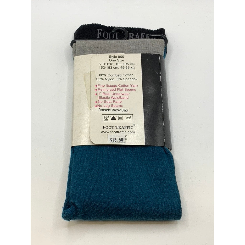FOOT TRAFFIC Women's Peacock Blue-Heather Gray Color-Block Footed Tights SZ OS