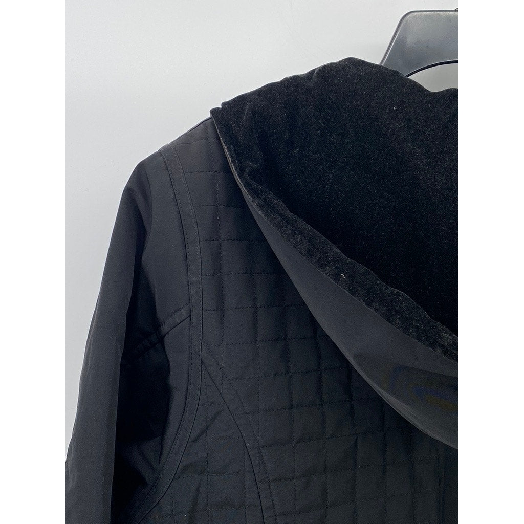 TALBOTS Women's Black Grid Velvet Trim Hooded Zip-Up Jacket SZ S
