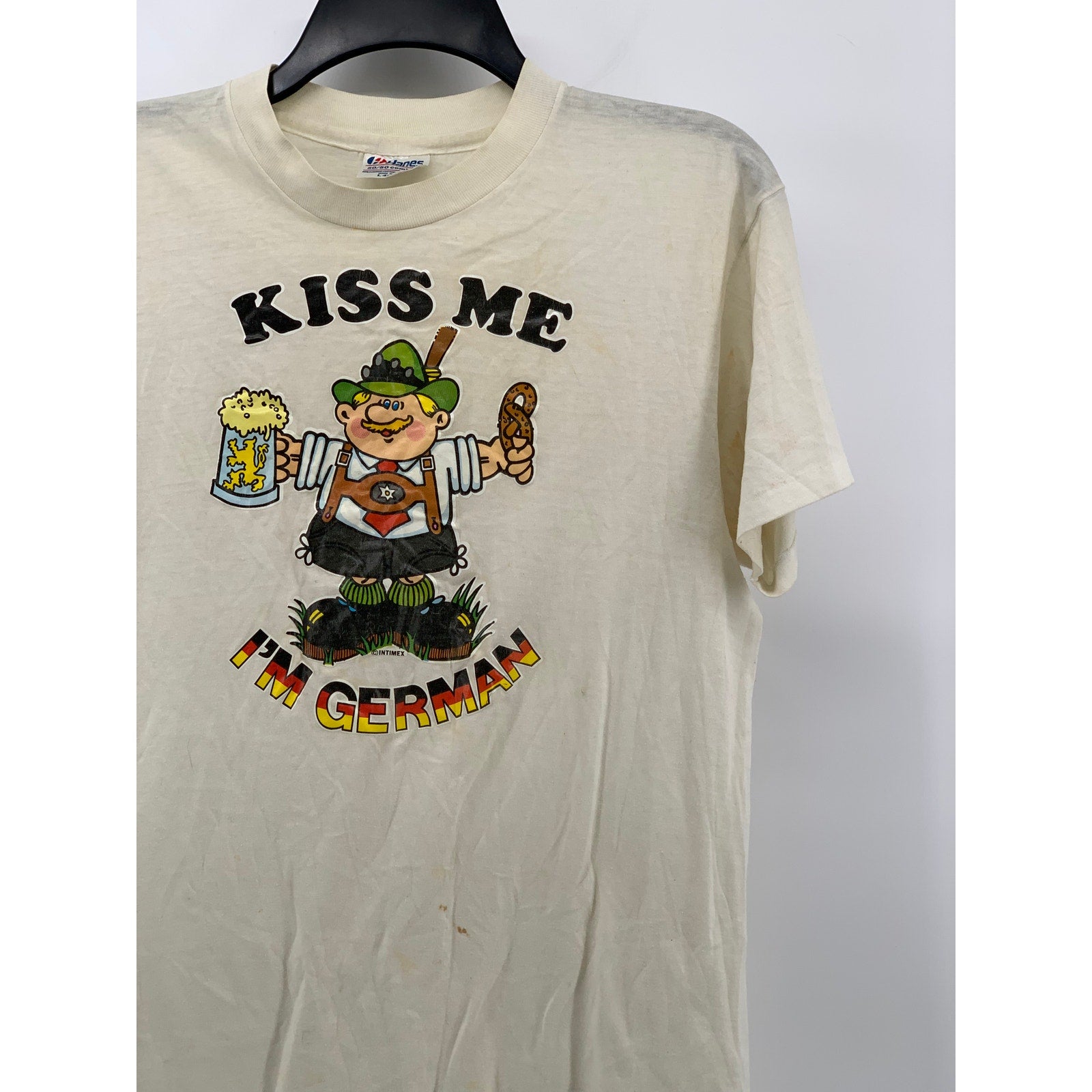 HANES Men's Beige Vintage Kiss Me Graphic Crewneck Single Stitch T-Shirt SZ L