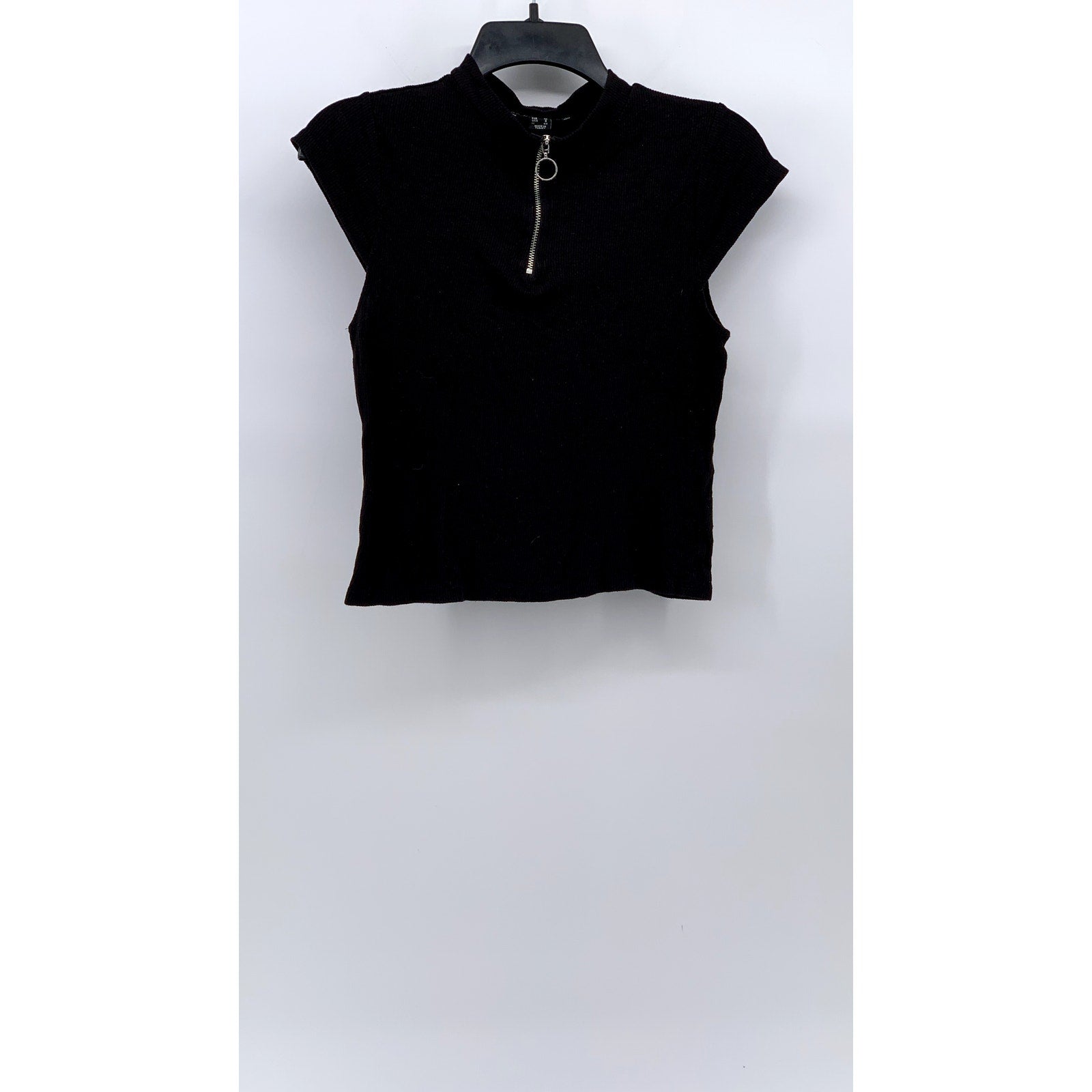 ATMOSPHERE Women’s Black Ribbed Half-Zip Short Cap Sleeve Top SZ 8