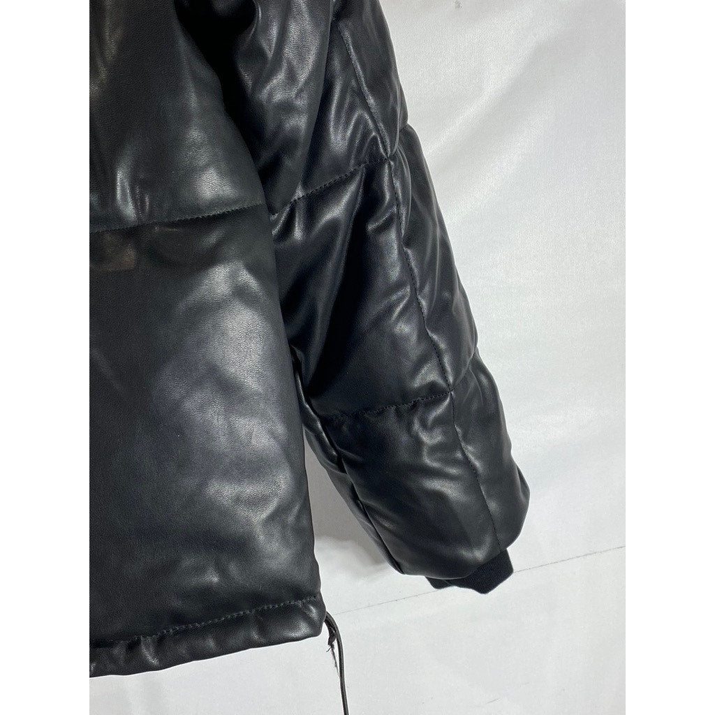 MISSGUIDED Women's Black Faux-Leather Mock-Neck Double-Closure Puffer Jacket SZ2
