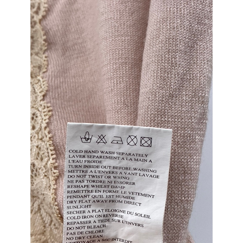 ARMAND VENTILO Women's Light Pink-Beige Wool-Blend V-Neck Lace-Trim Sweater SZ M