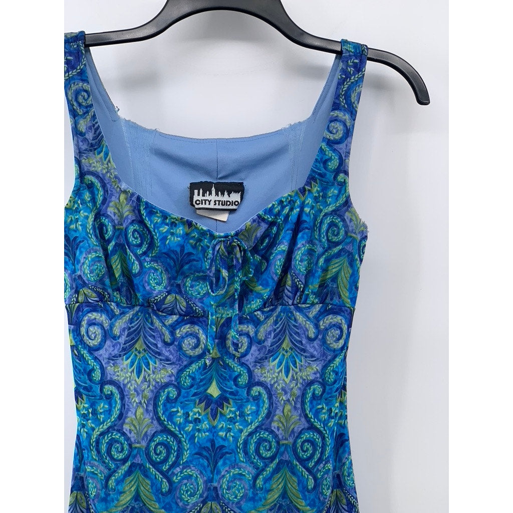 CITY STUDIO Women's Blue Mesh Paisley Straight-Neck Bodycon Mini Dress SZ S