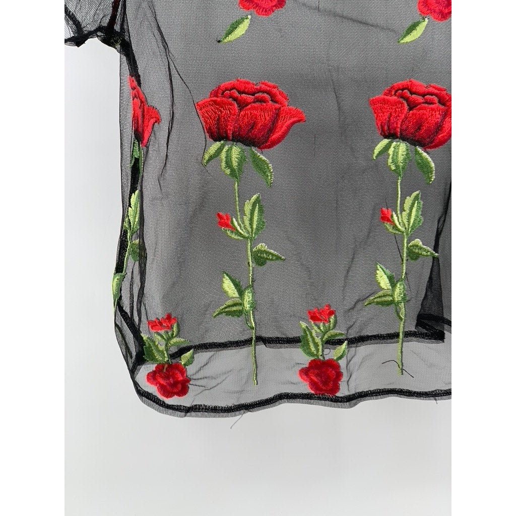 IRIS Women's Black Mesh Embroidered Rose Short Sleeve Crewneck Top SZ M