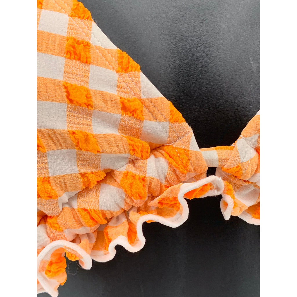 WILD FABLE Women's Orange-White Gingham Triangle Ruffle-Trim Bikini Top SZ S