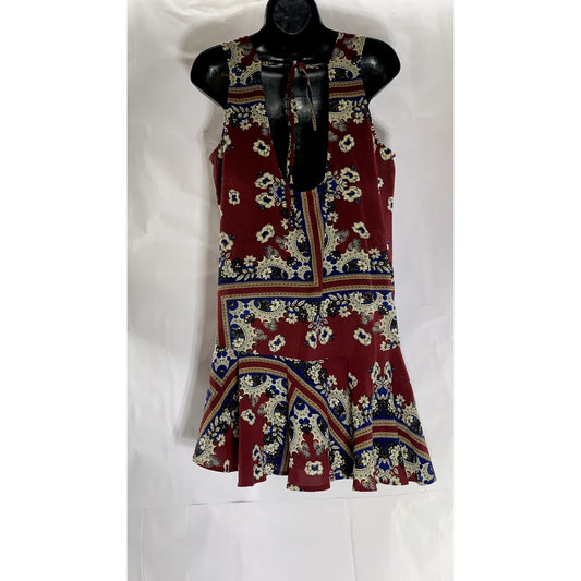 JODIFL Women's Burgundy-Beige-Blue Printed Scoop-Neck Tank Mini Dress SZ M