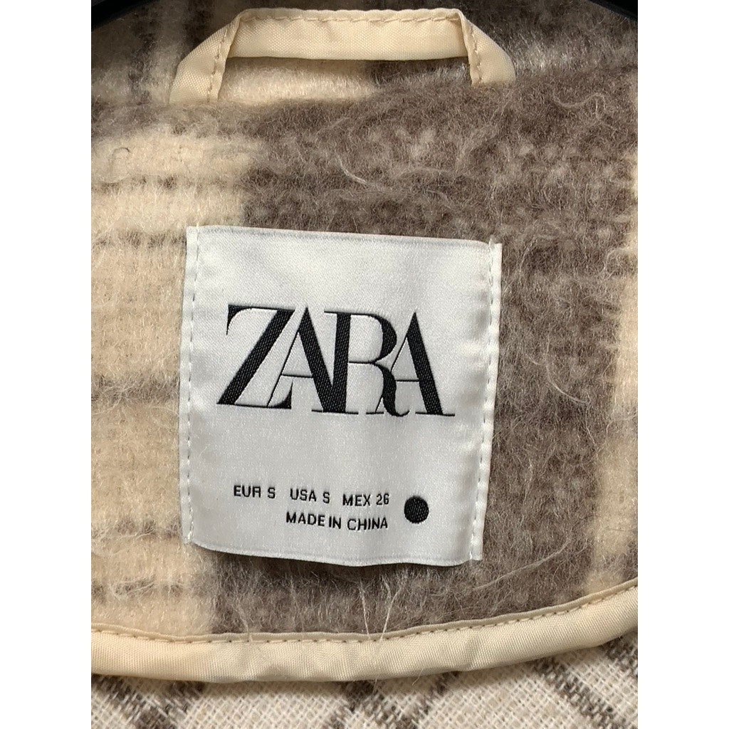 ZARA Women's Brown Plaid Button-Up Long Sleeve Oversized Shirt Jacket SZ S
