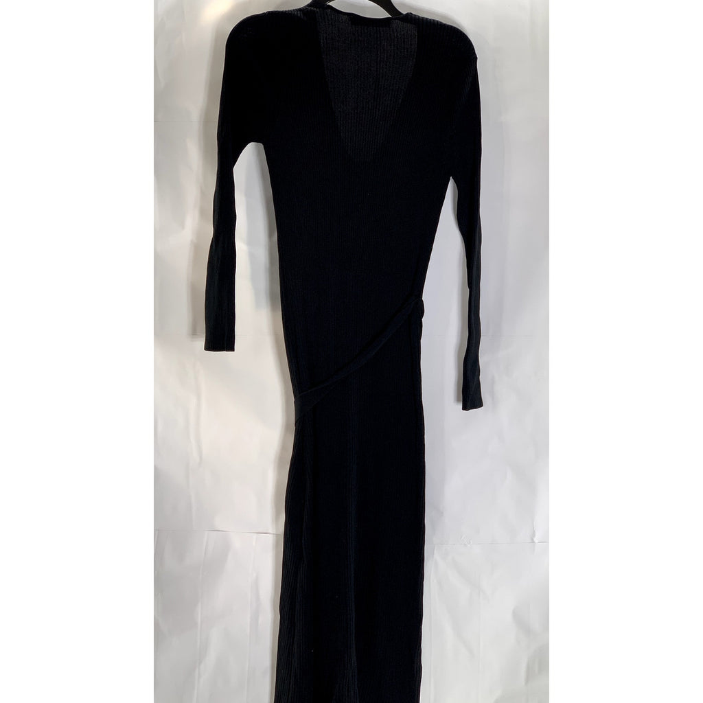 ZARA Women's Black Ribbed Flap Pocket Button-Down Belted Long Sleeve Dress SZ M