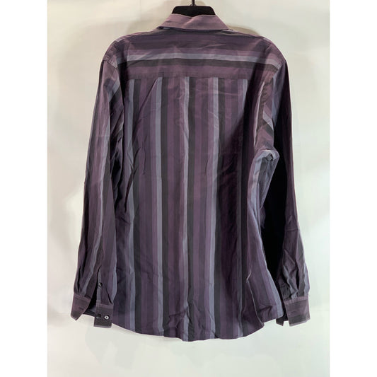 PERRY ELLIS Men's Purple Vintage Striped Regular-Fit Button-Up Shirt SZ L
