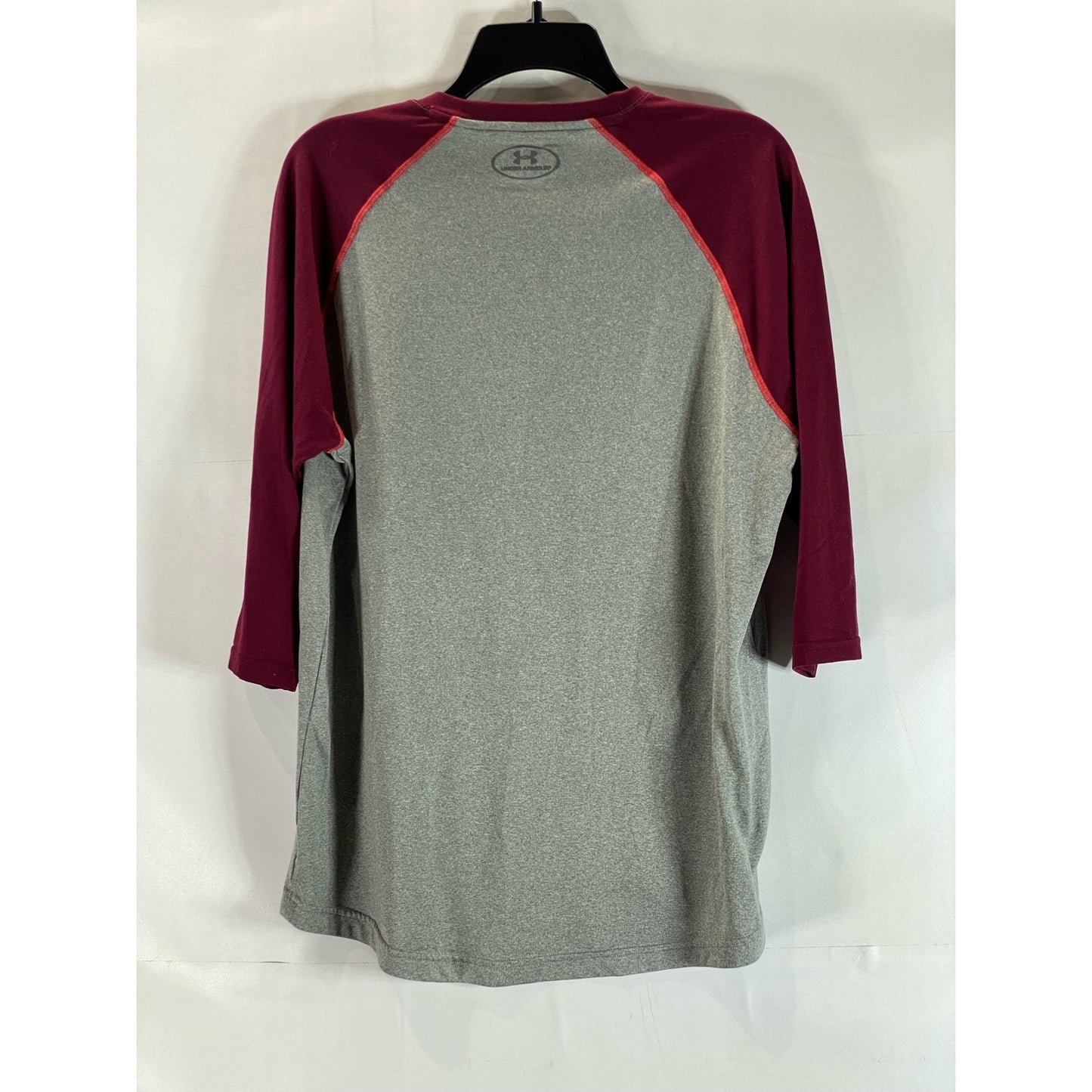 UNDER ARMOUR Men's Gray/Burgundy Crewneck Heatgear 3/4 Sleeve Tech T-Shirt SZ M