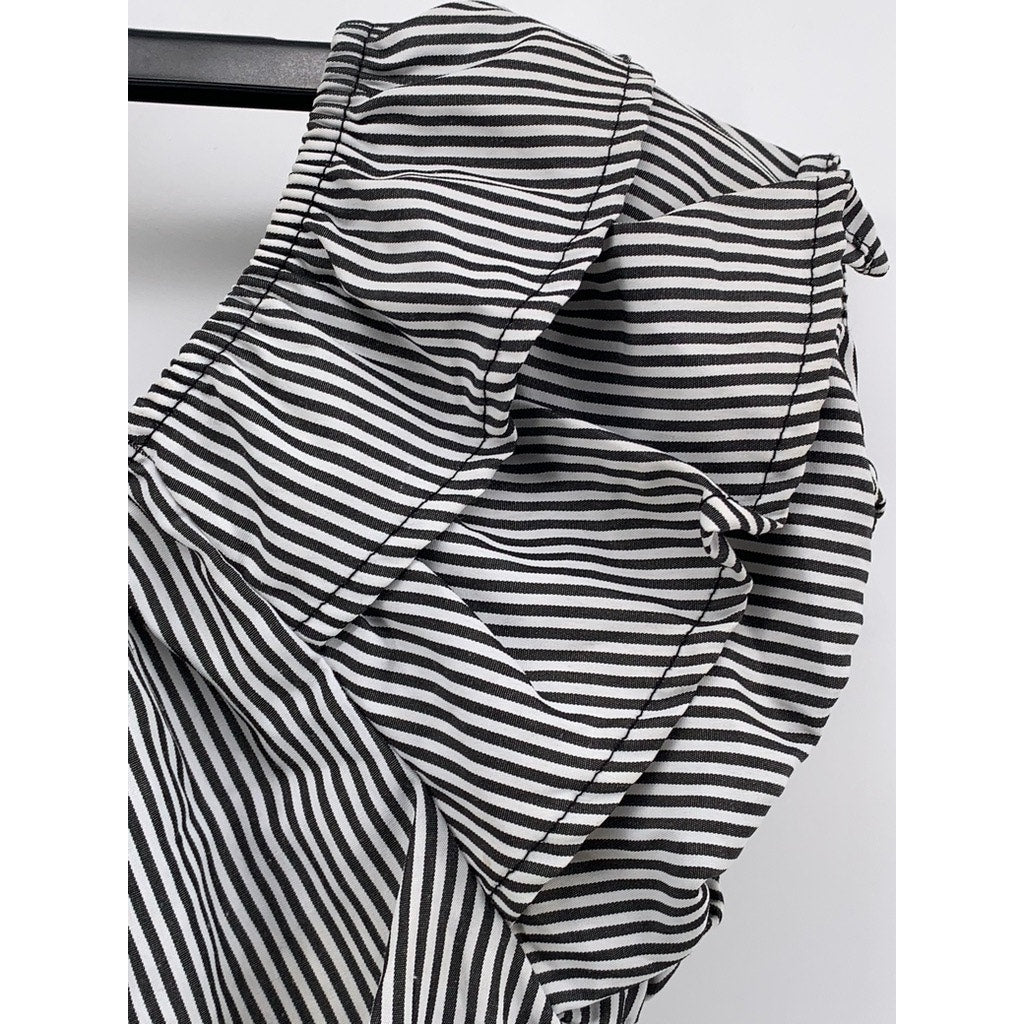 LILY WHITE Women's Black-White Striped Off-The-Shoulder Tie Hem Ruffle Top SZ M