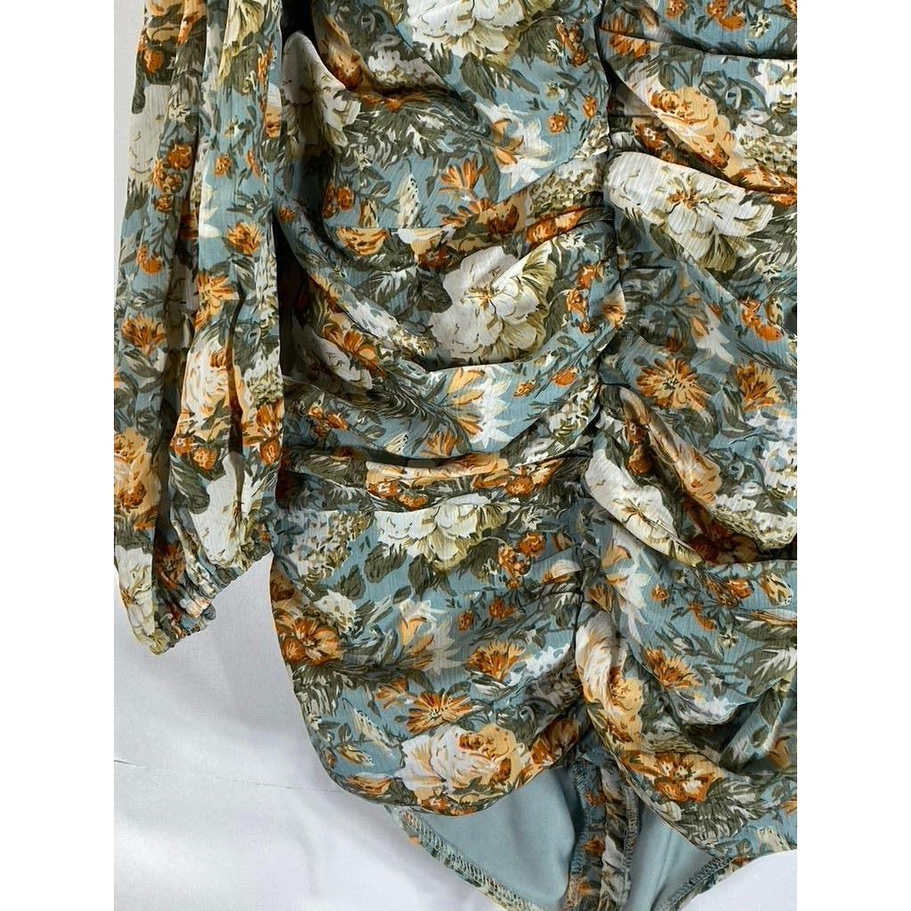 HELLO MOLLY Women's Sage Floral Basque Country Bodycon Ruched Dress SZ 4