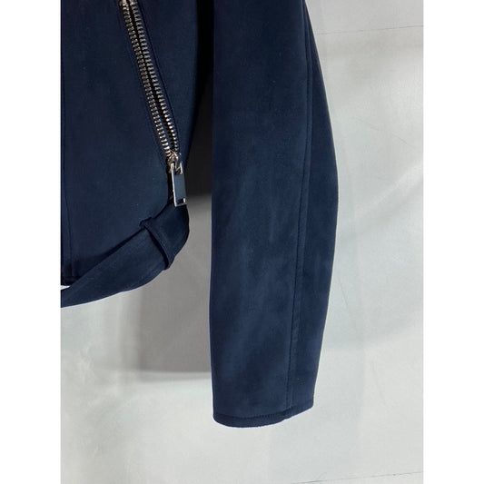 PRIMARK Women's Navy Asymmetrical Moto Faux Suede Buckle Biker Jacket SZ 8