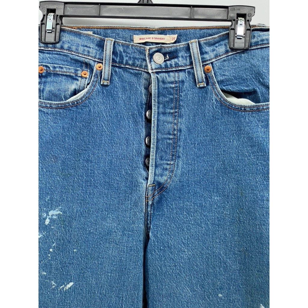 LEVI'S Women's Medium Blue Distressed Ribcage Straight Button-Fly Jeans SZ 28