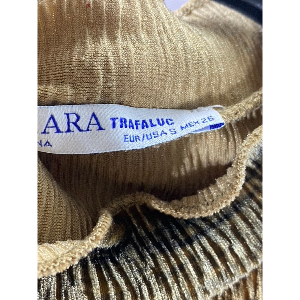 ZARA Women's Brown Printed Crinkle Velvet Mock-Neck Short Sleeve Top SZ S