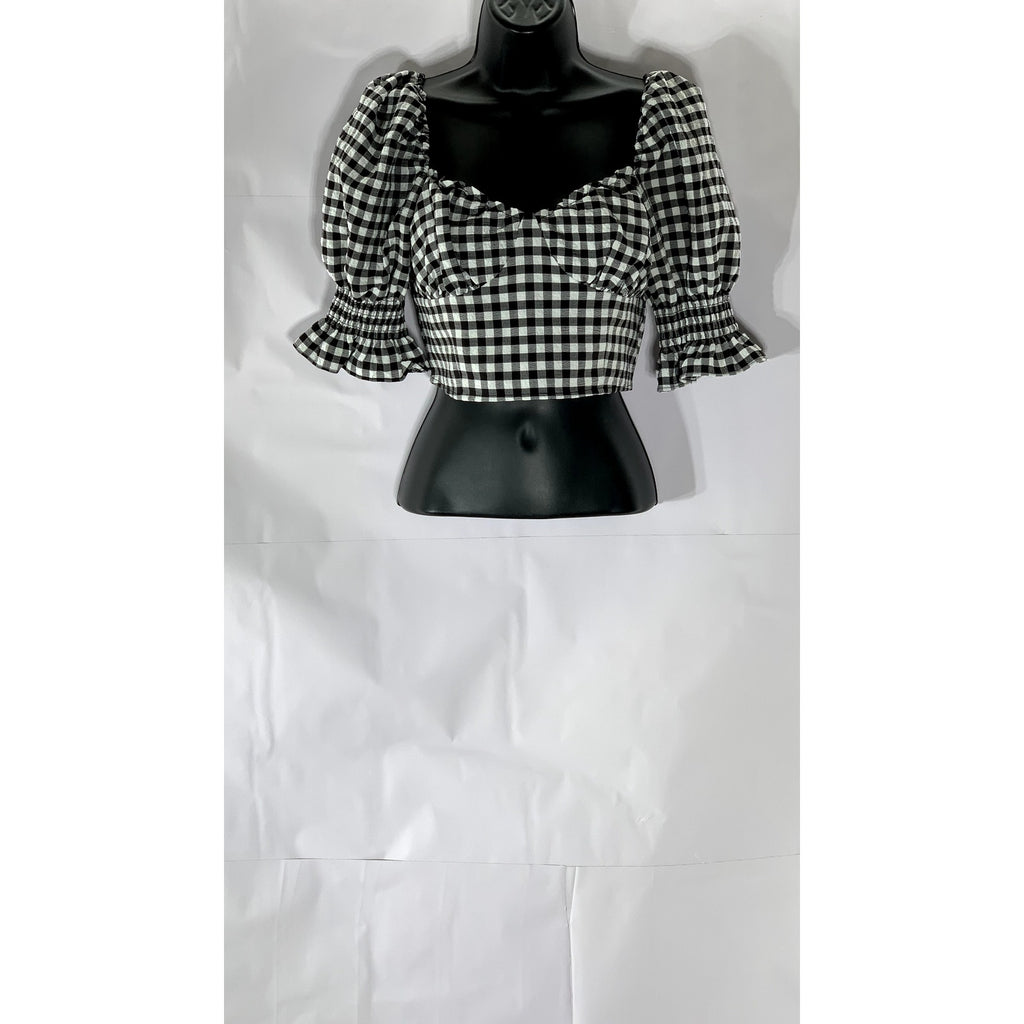 DIVIDED By H&M Women’s Black-White Checkered Sweetheart Neck Puff Crop Top SZ S