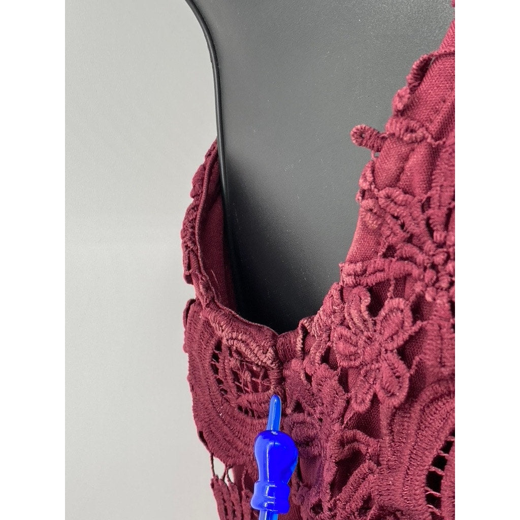 LULUS Women's Burgundy High-Neck Lace Sleeveless Mini Dress SZ M