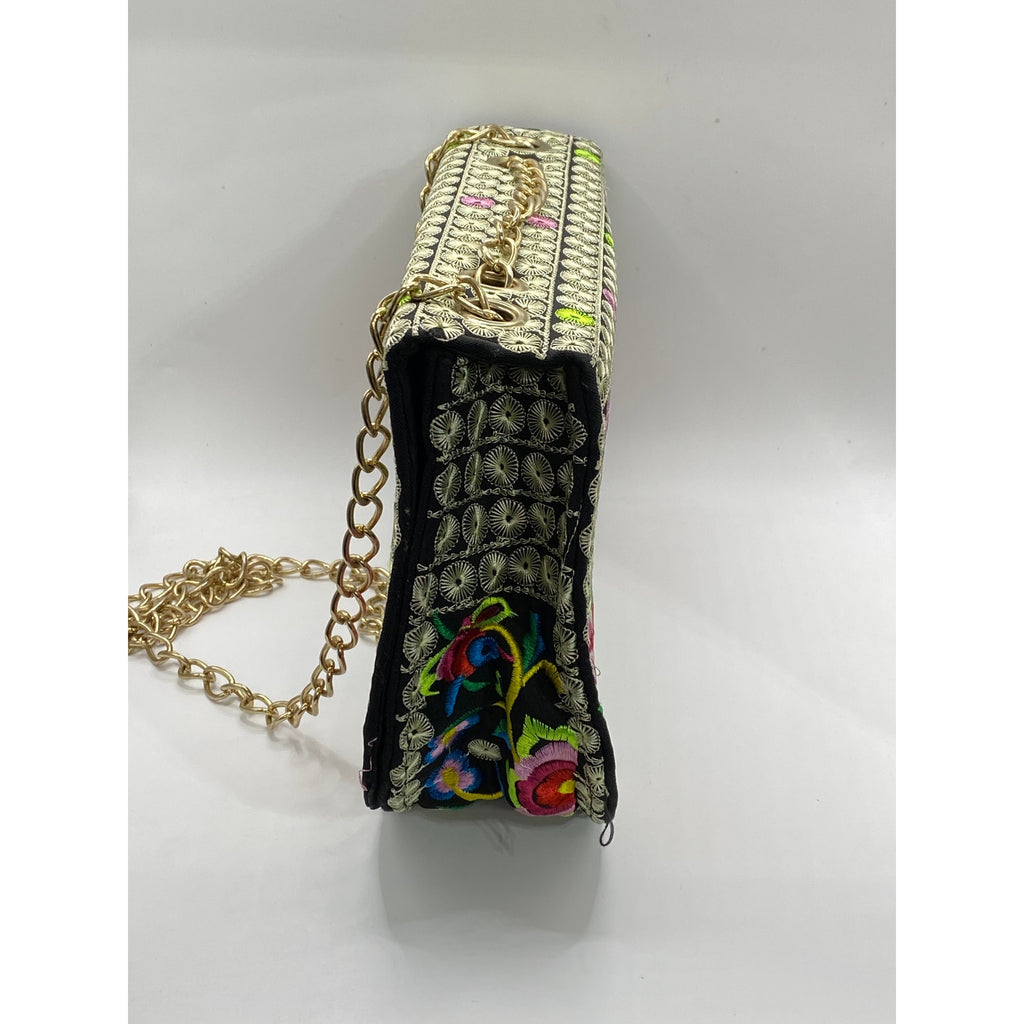UNBRANDED Women's Black-Multi Dahlia Embroidered Flap Chain-Strap Bag