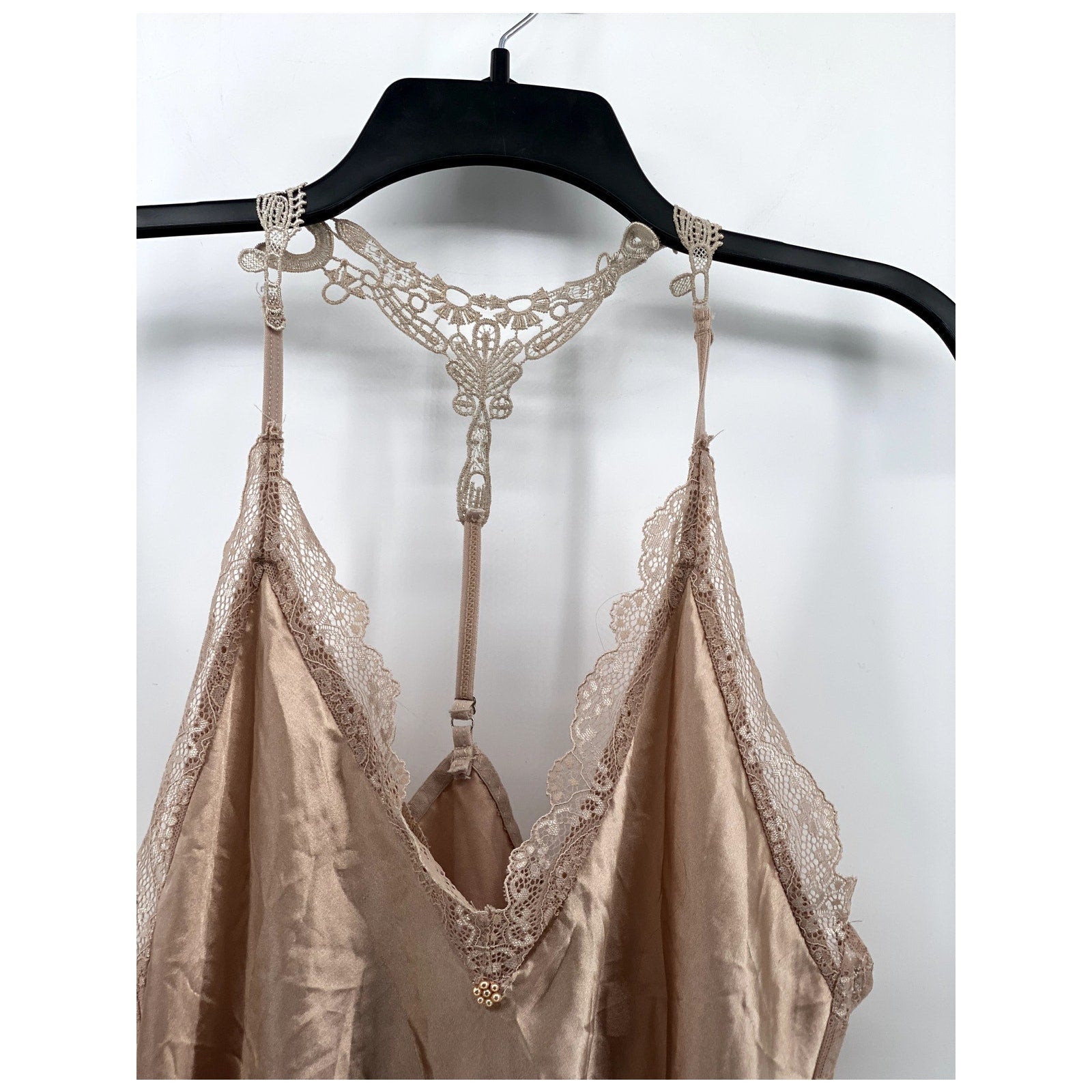 AVID LOVE Women's Beige Lace-Trim V-Neck Adjustable Strap Night Gown SZ L