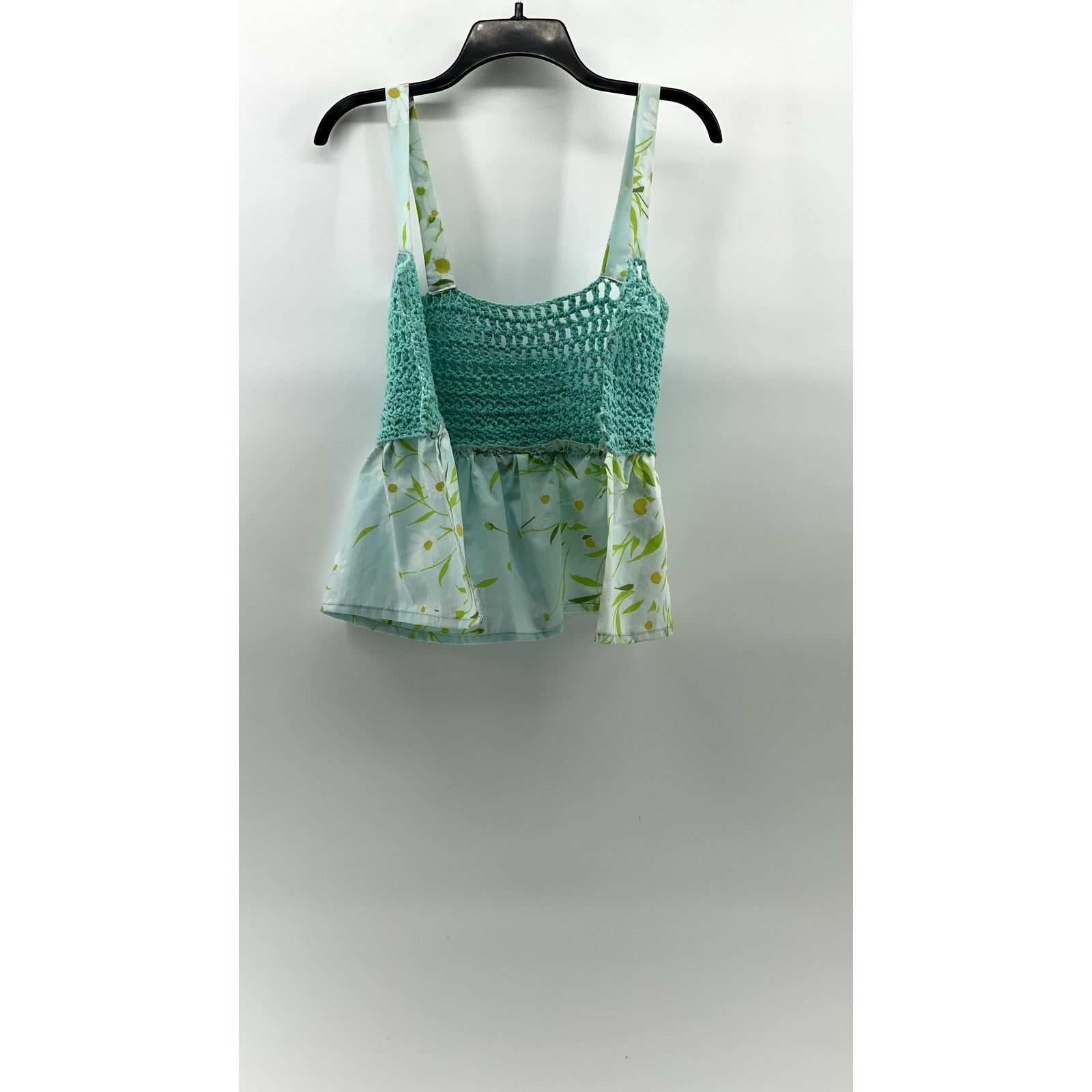 UNBRANDED Women's Blue Floral Scoop-Neck Crochet Knit Handmade Ruffle Top SZ S