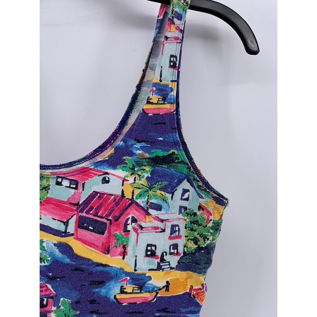 UNBRANDED Women's Blue-Multi Printed Scoop-Neck Cropped Tank Top SZ M