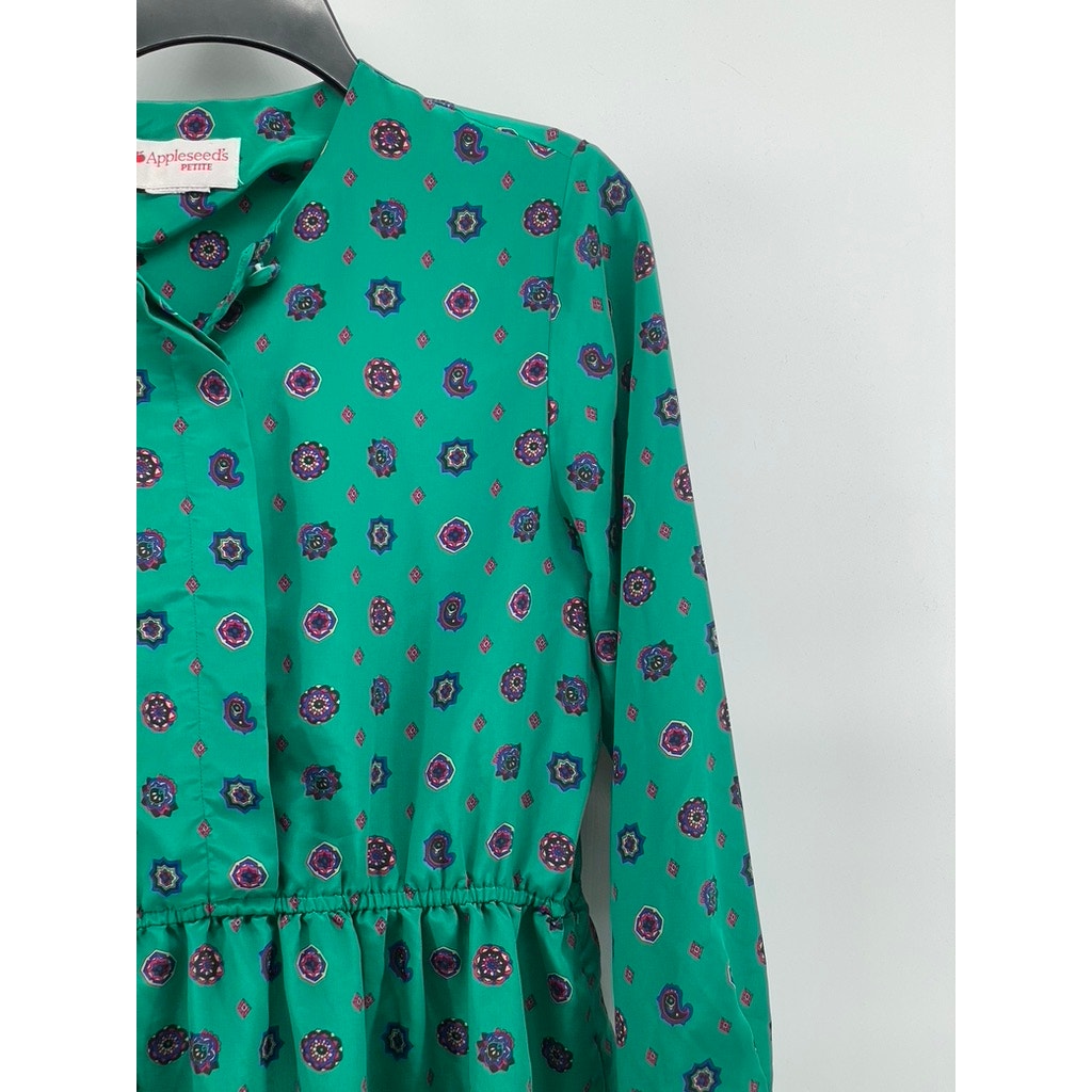APPLESEED'S Petite Women's Green Printed Half-Button A-Line Midi Dress SZ P/S