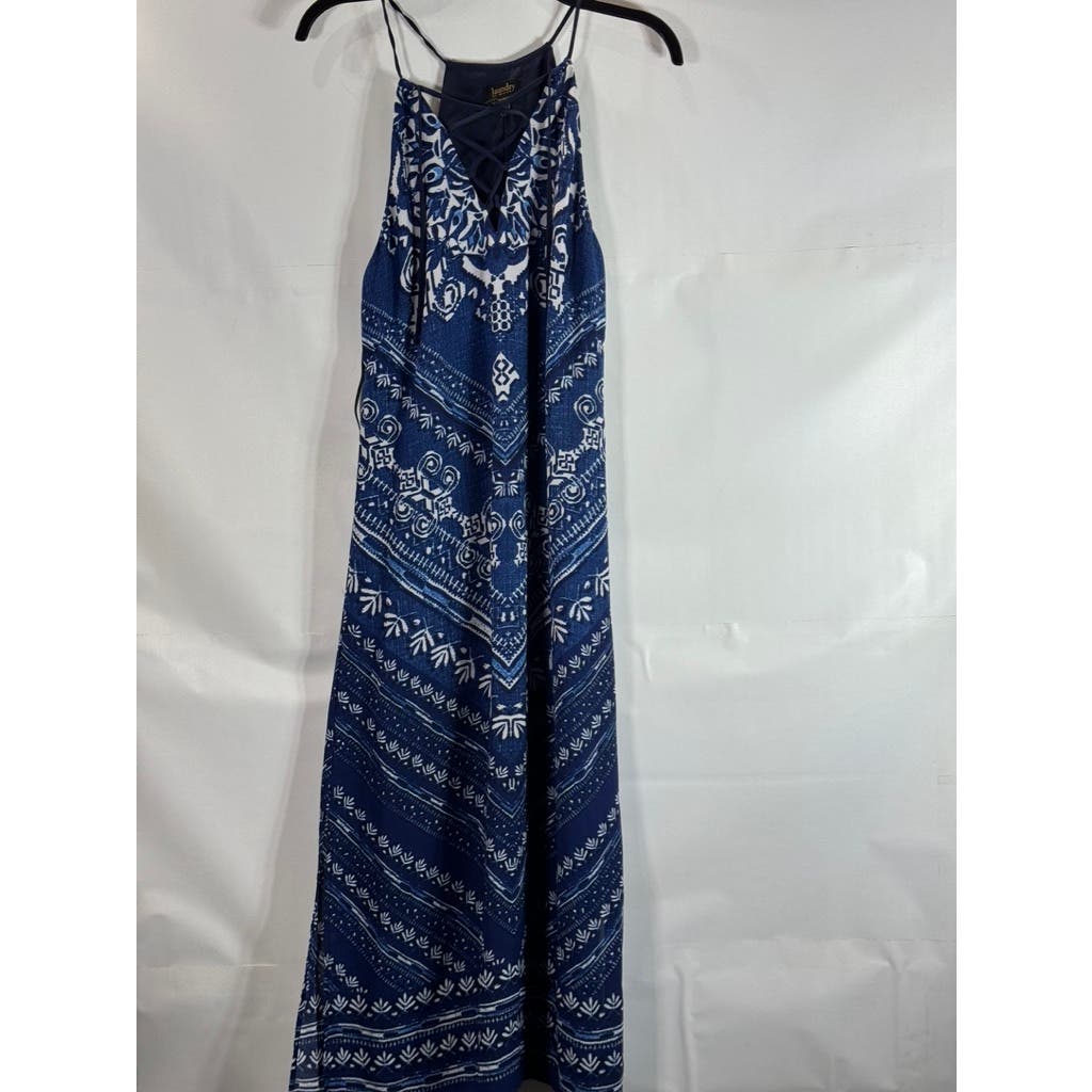 LAUNDRY BY DESIGN Women's Blue Printed Lace-Up V-Neck Pullover Maxi Dress SZ 4